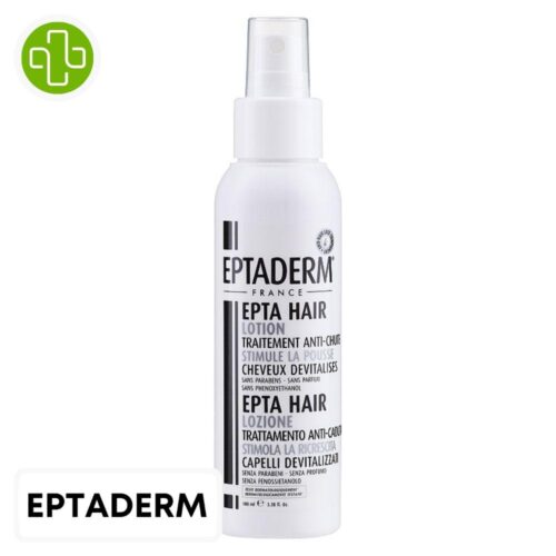 Produit de la marque Eptaderm Epta Hair Lotion Traitement Anti-Chute - 100ml sur un fond blanc avec un logo Parachezvous et celui de de la marque Eptaderm