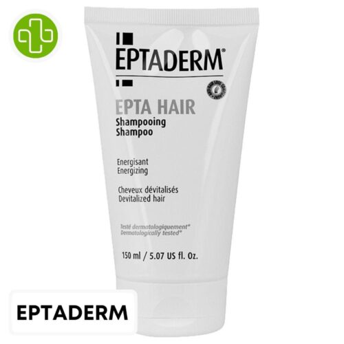 Produit de la marque Eptaderm Epta Hair Shampooing Energisant - 150ml sur un fond blanc avec un logo Parachezvous et celui de de la marque Eptaderm