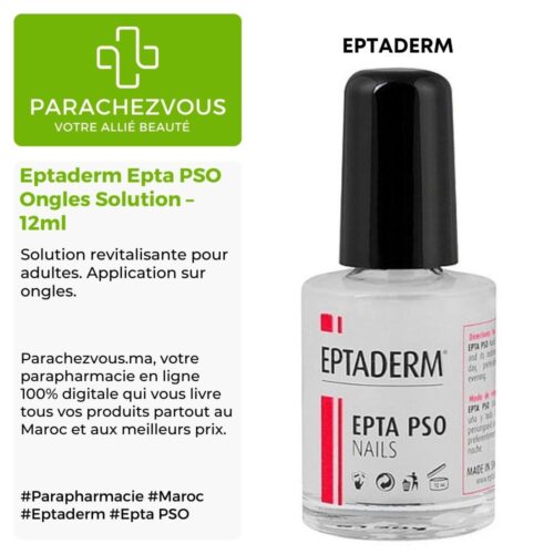 Produit de la marque eptaderm epta pso ongles solution - 12ml sur un fond blanc, vert et gris avec un logo parachezvous et celui de la marque eptaderm ainsi qu'une description qui détail les informations du produit