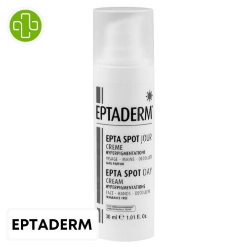 Produit de la marque Eptaderm Epta Spot Jour Crème Hyperpigmentations - 30ml sur un fond blanc avec un logo Parachezvous et celui de de la marque Eptaderm