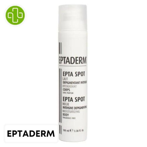 Produit de la marque Eptaderm Epta Spot Lait Dépigmentant Intense Hydratant - 100ml sur un fond blanc avec un logo Parachezvous et celui de de la marque Eptaderm