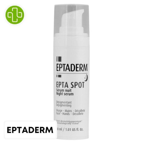 Produit de la marque Eptaderm Epta Spot Sérum Nuit Dépigmentant - 30ml sur un fond blanc avec un logo Parachezvous et celui de de la marque Eptaderm