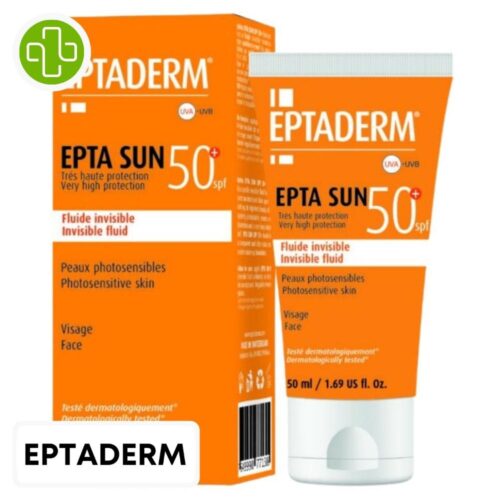 Produit de la marque Eptaderm Epta Sun Fluide Solaire Invisible Spf50 - 50ml sur un fond blanc avec un logo Parachezvous et celui de de la marque Eptaderm