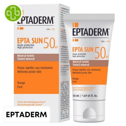 Produit de la marque Eptaderm Epta Sun Solaire Minéral Teinté Spf50 - 50ml sur un fond blanc avec un logo Parachezvous et celui de de la marque Eptaderm