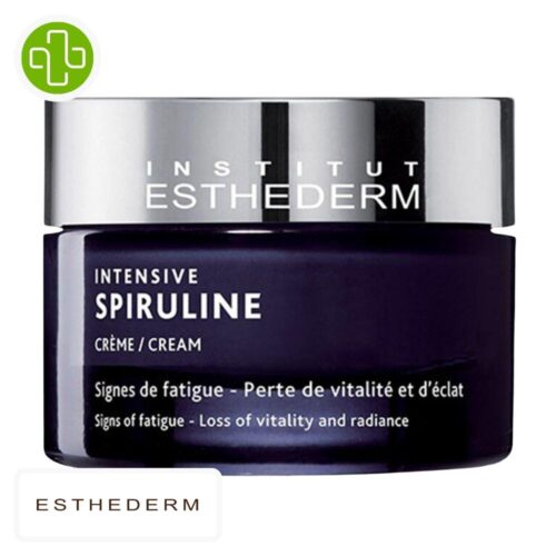 Produit de la marque Esthederm Intensive Spiruline Crème Vitalité & Éclat - 50ml sur un fond blanc avec un logo Parachezvous celui de de la marque Esthederm