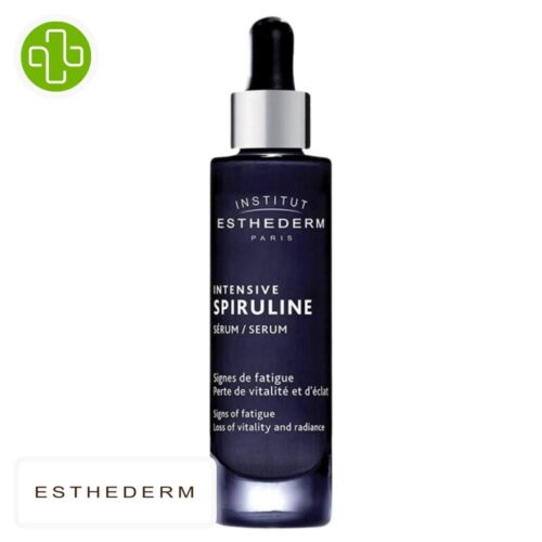 Produit de la marque Esthederm Intensive Spiruline Sérum Vitalité & Éclat - 30ml sur un fond blanc avec un logo Parachezvous celui de de la marque Esthederm