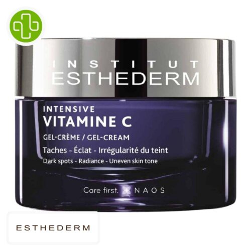 Produit de la marque Esthederm Intensive Vitamine C Gel-Crème Anti-Taches Éclat - 50ml sur un fond blanc avec un logo Parachezvous celui de de la marque Esthederm