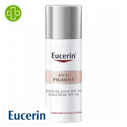 Produit de la marque Eucerin Anti-Pigment Soin Anti-Taches de Jour Spf 30 - 50ml sur un fond blanc avec un logo Parachezvous et celui de de la marque Eucerin