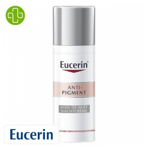 Produit de la marque Eucerin Anti-Pigment Soin Anti-Taches de Nuit - 50ml sur un fond blanc avec un logo Parachezvous et celui de de la marque Eucerin