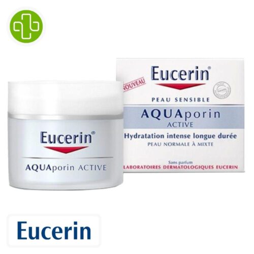 Produit de la marque eucerin aquaporin active soin de jour hydratant - 50ml sur un fond blanc avec un logo parachezvous et celui de de la marque eucerin
