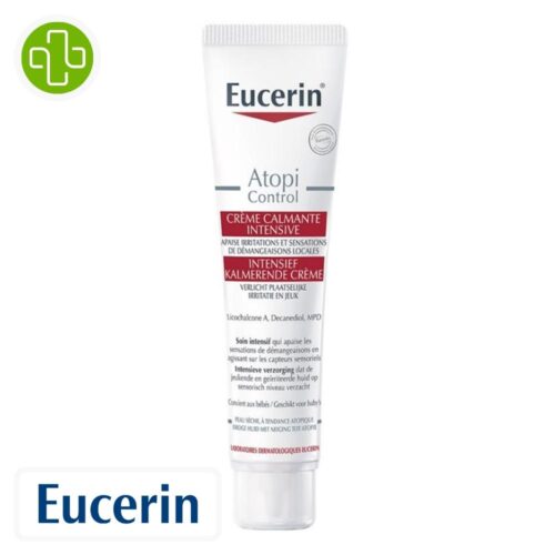 Produit de la marque Eucerin AtopiControl Crème Calmante Intensive - 40ml sur un fond blanc avec un logo Parachezvous et celui de de la marque Eucerin