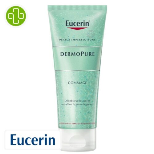 Produit de la marque Eucerin DermoPure Gommage Désincrustant - 100ml sur un fond blanc avec un logo Parachezvous et celui de de la marque Eucerin