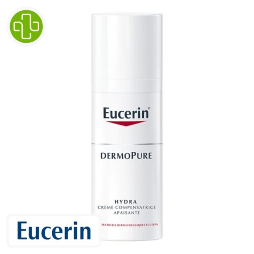 Produit de la marque Eucerin DermoPure Hydra Crème Compensatrice Apaisante - 50ml sur un fond blanc avec un logo Parachezvous et celui de de la marque Eucerin