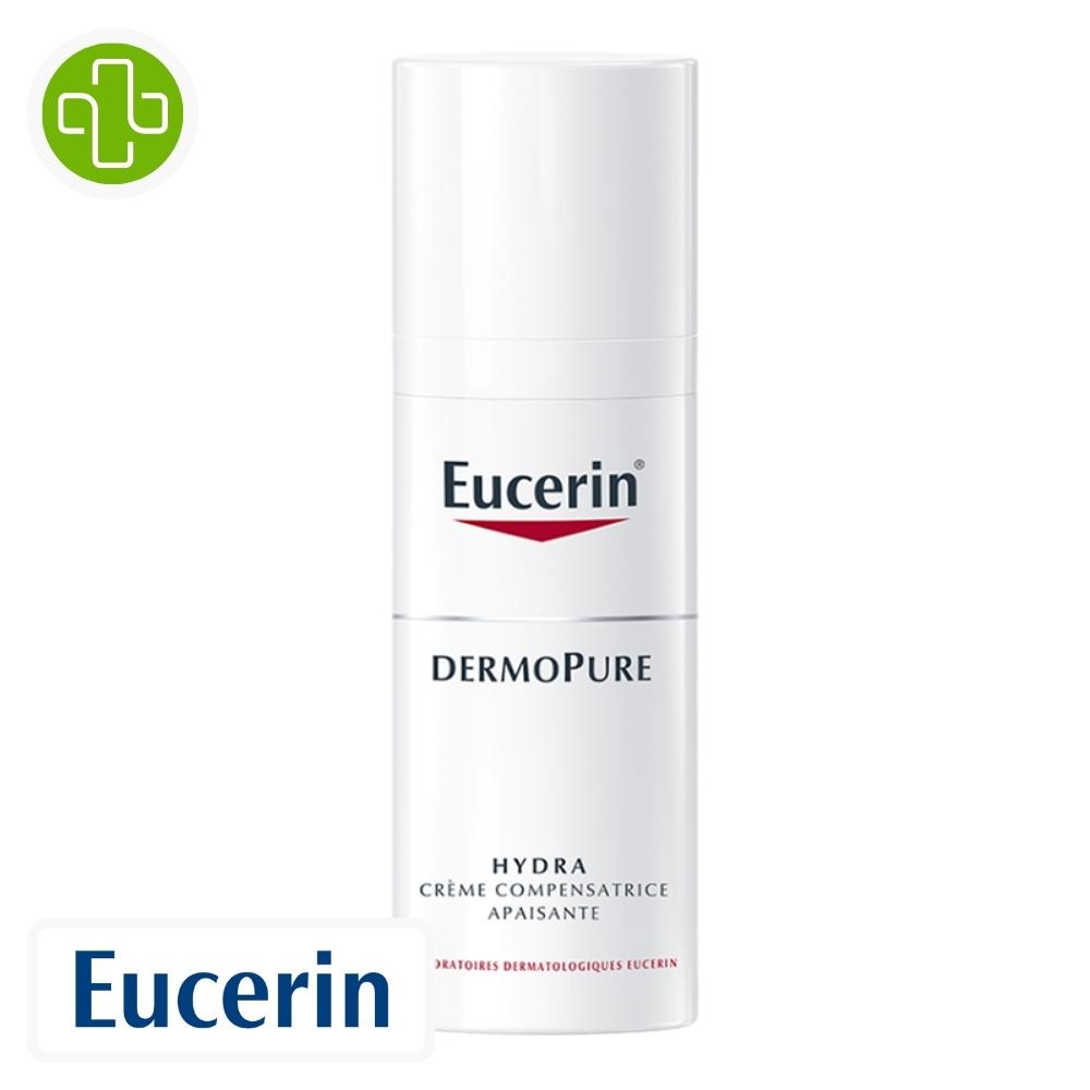 Produit de la marque eucerin dermopure hydra crème compensatrice apaisante - 50ml sur un fond blanc avec un logo parachezvous et celui de de la marque eucerin