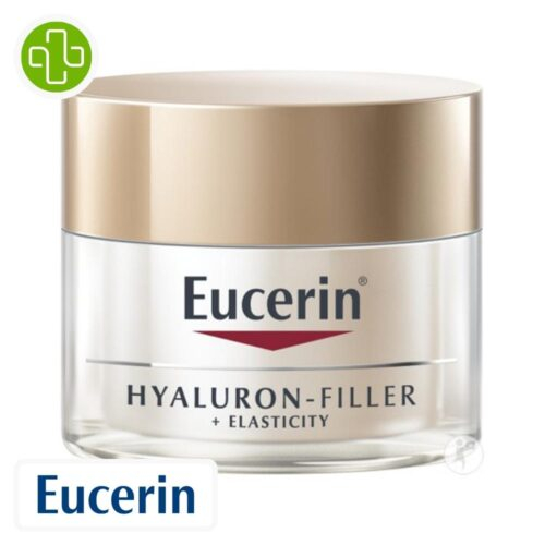 Produit de la marque Eucerin Hyaluron-Filler + Elasticity Soin de Jour Anti-Âge - 50ml sur un fond blanc avec un logo Parachezvous et celui de de la marque Eucerin