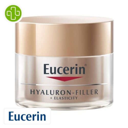 Produit de la marque Eucerin Hyaluron-Filler + Elasticity Soin de Nuit Anti-Âge - 50ml sur un fond blanc avec un logo Parachezvous et celui de de la marque Eucerin