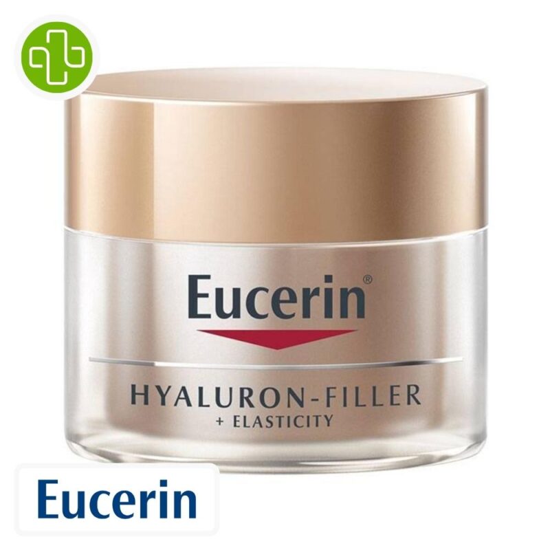 Produit de la marque Eucerin Hyaluron-Filler + Elasticity Soin de Nuit Anti-Âge - 50ml sur un fond blanc avec un logo Parachezvous et celui de de la marque Eucerin