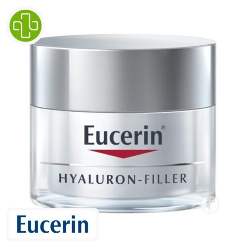Produit de la marque Eucerin Hyaluron-Filler Soin de Jour Anti-Âge Peaux Sèches - 50ml sur un fond blanc avec un logo Parachezvous et celui de de la marque Eucerin
