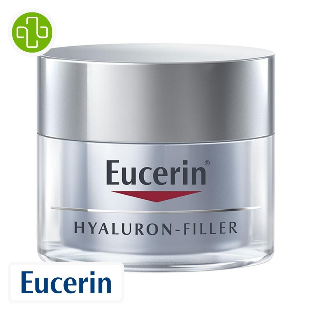 Produit de la marque eucerin hyaluron-filler soin de nuit anti-âge - 50ml sur un fond blanc avec un logo parachezvous et celui de de la marque eucerin