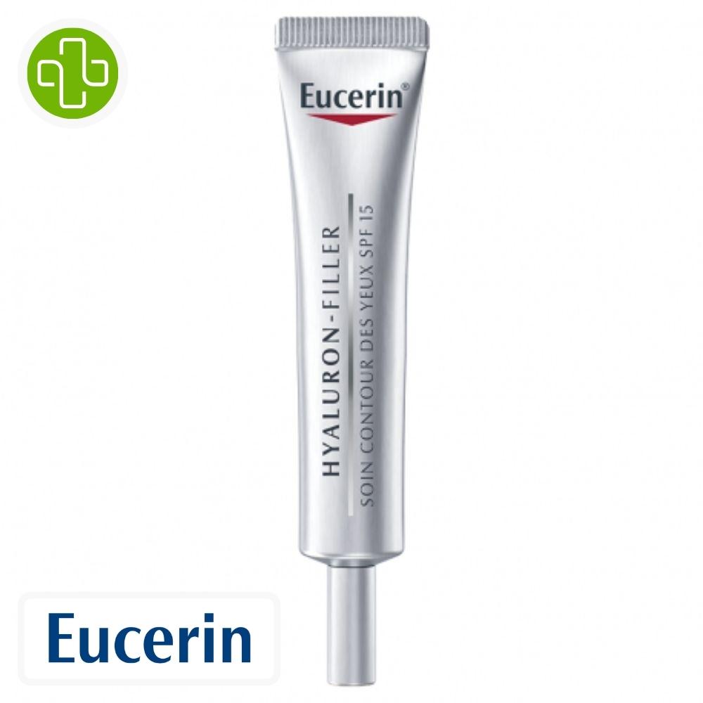 Produit de la marque eucerin hyaluron-filler soin des yeux anti-rides - 15ml sur un fond blanc avec un logo parachezvous et celui de de la marque eucerin
