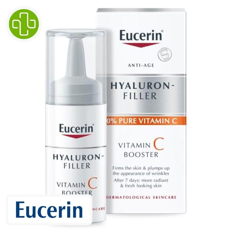 Produit de la marque Eucerin Hyaluron-Filler Vitamine C Booster Sérum Anti-Âge Raffermissant - 8ml sur un fond blanc avec un logo Parachezvous et celui de de la marque Eucerin