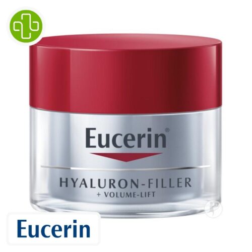Produit de la marque Eucerin Hyaluron-Filler + Volume-Lift Soin de Nuit Anti-Âge - 50ml sur un fond blanc avec un logo Parachezvous et celui de de la marque Eucerin