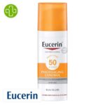 Produit de la marque Eucerin Sun Protection Photoaging Control Fluide Solaire Anti-Âge Spf50 - 50ml sur un fond blanc avec un logo Parachezvous et celui de de la marque Eucerin