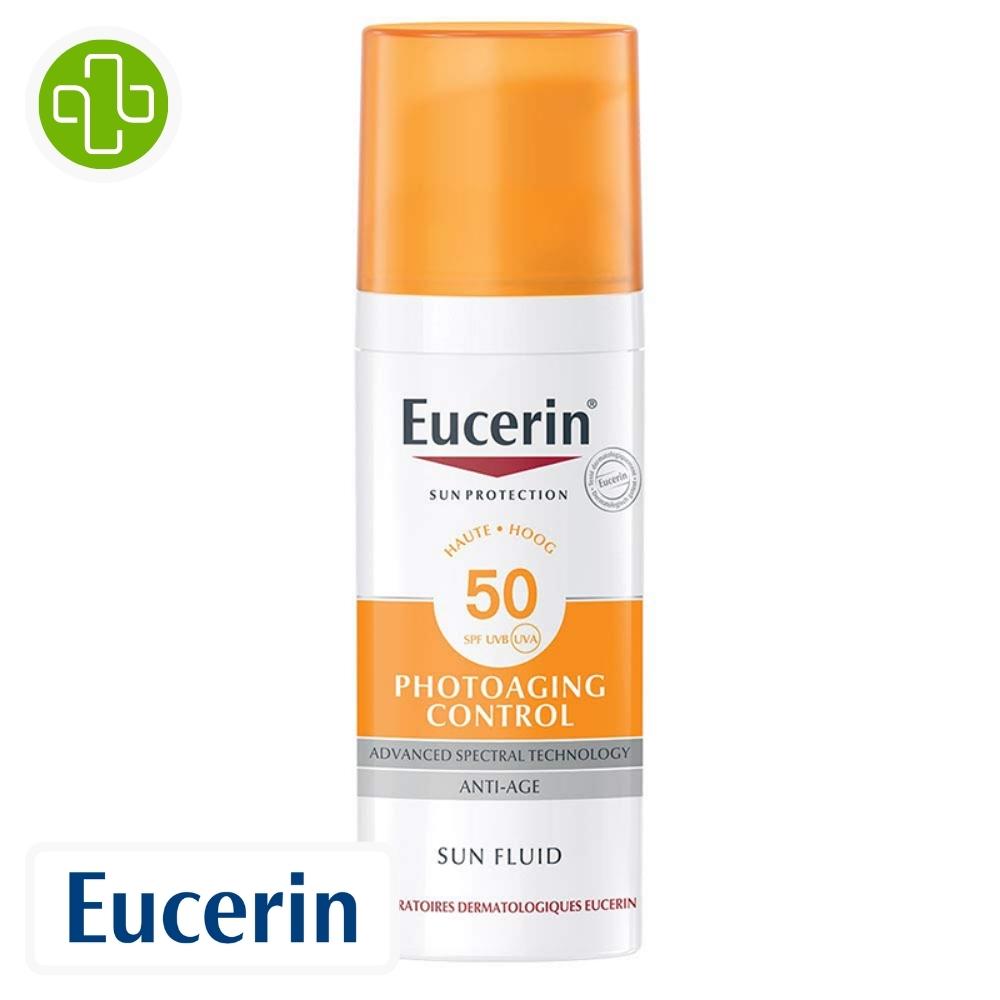 Produit de la marque eucerin sun protection photoaging control fluide solaire anti-âge spf50 - 50ml sur un fond blanc avec un logo parachezvous et celui de de la marque eucerin