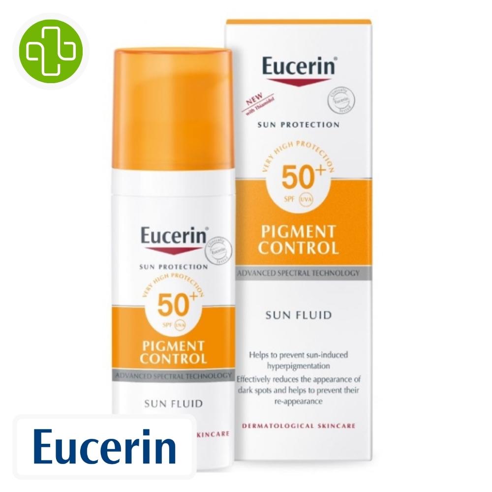 Produit de la marque eucerin sun protection pigment control fluide solaire anti-taches spf50 - 50ml sur un fond blanc avec un logo parachezvous et celui de de la marque eucerin