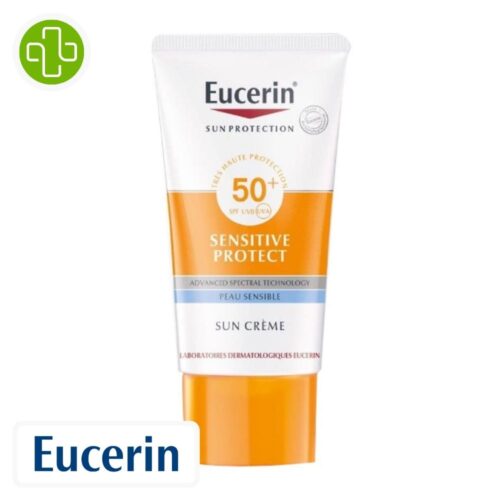 Produit de la marque Eucerin Sun Protection Sensitive Protect Crème Solaire Spf50 - 50ml sur un fond blanc avec un logo Parachezvous et celui de de la marque Eucerin