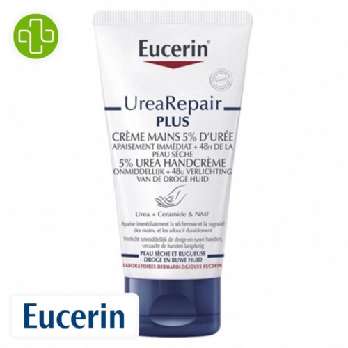 Produit de la marque eucerin urearepair crème mains apaisante 5% d'urée - 75ml sur un fond blanc avec un logo parachezvous et celui de de la marque eucerin
