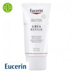 Produit de la marque Eucerin UreaRepair Crème Visage Hydratante Apaisante 5% d'Urée - 50ml sur un fond blanc avec un logo Parachezvous et celui de de la marque Eucerin