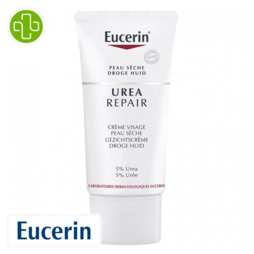 Produit de la marque eucerin urearepair crème visage hydratante apaisante 5% d'urée - 50ml sur un fond blanc avec un logo parachezvous et celui de de la marque eucerin