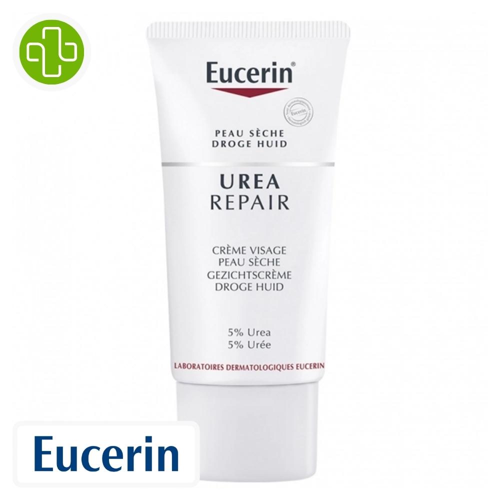Produit de la marque eucerin urearepair crème visage hydratante apaisante 5% d'urée - 50ml sur un fond blanc avec un logo parachezvous et celui de de la marque eucerin