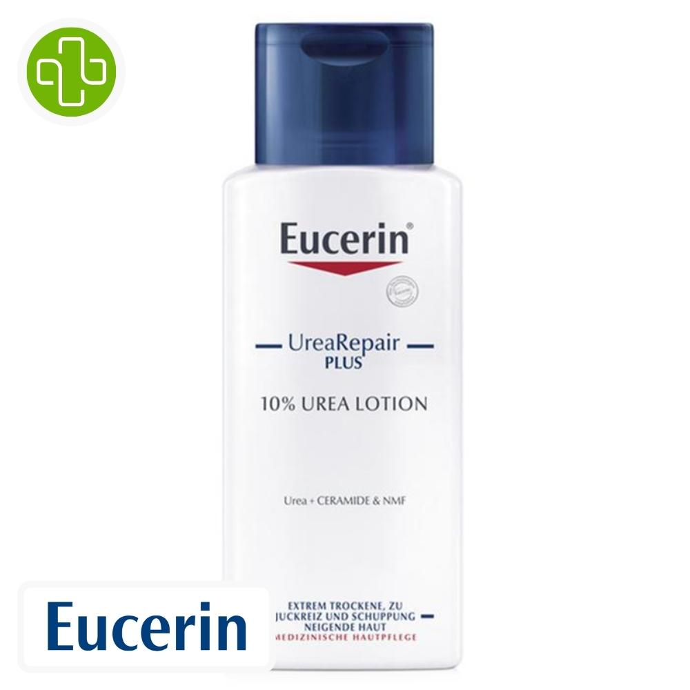 Produit de la marque eucerin urearepair émollient apaisant 10% d'urée - 250ml sur un fond blanc avec un logo parachezvous et celui de de la marque eucerin
