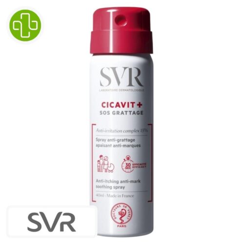 Produit de la marque SVR Cicavit+ SOS Grattage Spray Apaisant Anti-Marques – 40ml sur un fond blanc avec un logo Parachezvous et celui de de la marque SVR