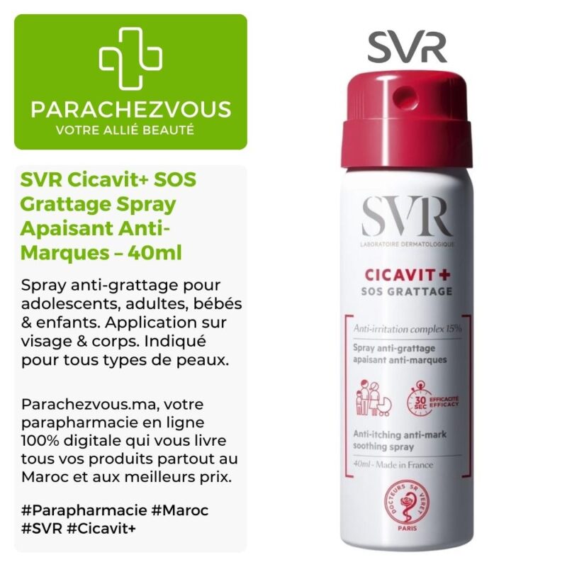 Produit de la marque SVR Cicavit+ SOS Grattage Spray Apaisant Anti-Marques – 40ml sur un fond blanc, vert et gris avec un logo Parachezvous et celui de la marque SVR ainsi qu'une description qui détail les informations du produit