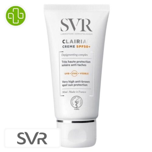 Produit de la marque SVR Clairial Crème Solaire Anti-Taches Spf50 - 40ml sur un fond blanc avec un logo Parachezvous et celui de de la marque SVR