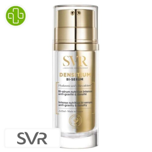 Produit de la marque SVR Densitium Bi-Sérum Double Formule Anti-Âge Nutrition Intense – 2x15ml sur un fond blanc avec un logo Parachezvous et celui de de la marque SVR