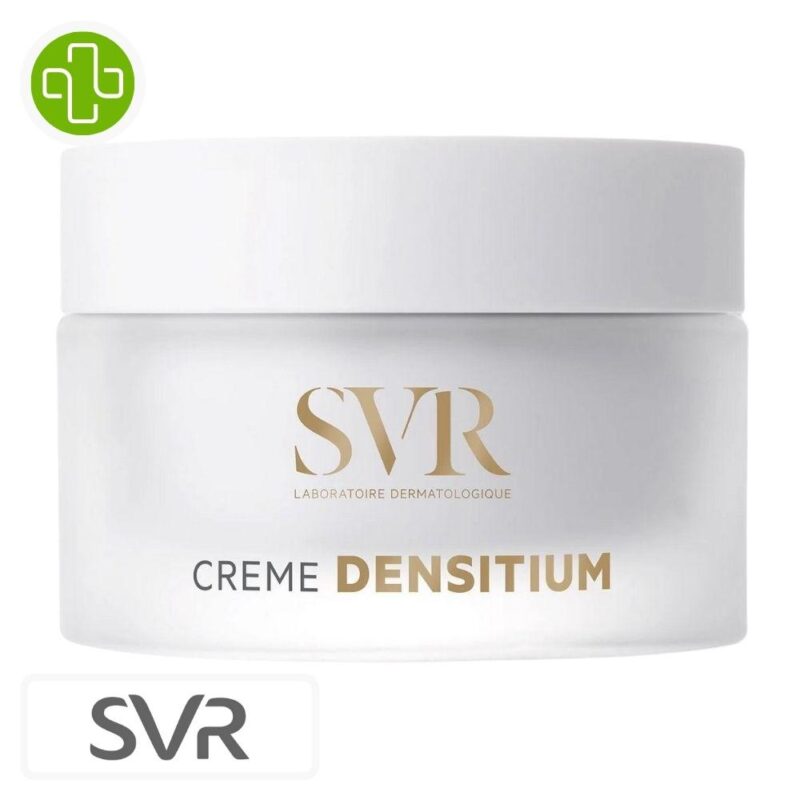 Produit de la marque SVR Densitium Crème Correctrice Globale Redensifiante Nourrissante - 50ml sur un fond blanc avec un logo Parachezvous et celui de de la marque SVR