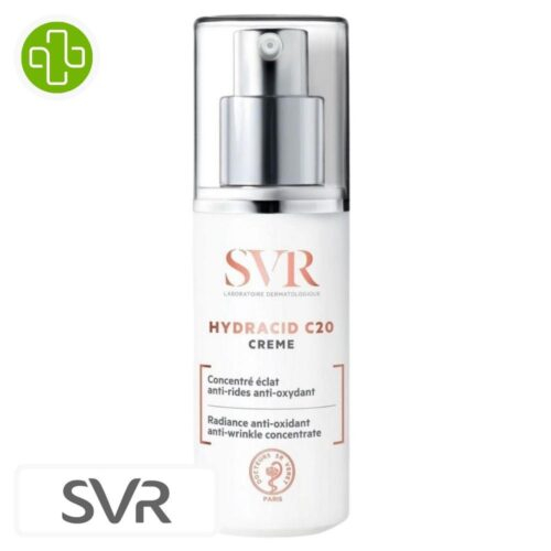 Produit de la marque SVR Hydracid C20 Crème Éclat Anti-Rides Anti-Oxydant – 30ml sur un fond blanc avec un logo Parachezvous et celui de de la marque SVR