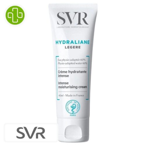 Produit de la marque SVR Hydraliane Légère Crème Hydratante Intense Peaux Normales à Mixtes – 40ml sur un fond blanc avec un logo Parachezvous et celui de de la marque SVR