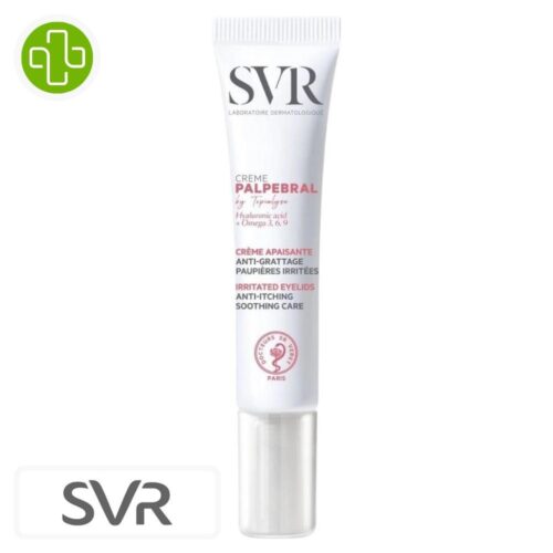 Produit de la marque SVR Palpebral Topialyse Crème Apaisante Anti-Grattage Paupières Irritées – 15ml sur un fond blanc avec un logo Parachezvous et celui de de la marque SVR