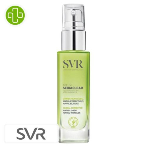 Produit de la marque SVR Sebiaclear Sérum Correcteur Global Anti-Imperfections Marques & Rides – 30ml sur un fond blanc avec un logo Parachezvous et celui de de la marque SVR