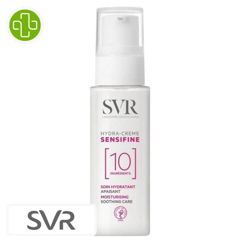 Produit de la marque SVR Sensifine 10 Hydra Crème Hydratante Apaisante – 40ml sur un fond blanc avec un logo Parachezvous et celui de de la marque SVR