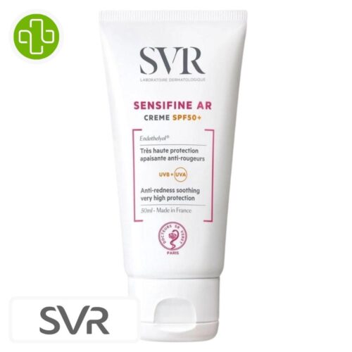 Produit de la marque SVR Sensifine AR Crème Solaire Apaisante Anti-Rougeurs Spf50 – 50ml sur un fond blanc avec un logo Parachezvous et celui de de la marque SVR
