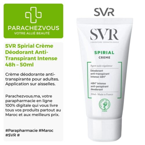 Produit de la marque SVR Spirial Crème Déodorant Anti-Transpirant Intense 48h – 50ml sur un fond blanc, vert et gris avec un logo Parachezvous et celui de la marque SVR ainsi qu'une description qui détail les informations du produit