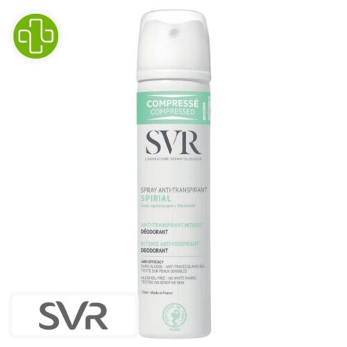 Produit de la marque SVR Spirial Déodorant Anti-Transpirant Intense 48h Spray – 75ml sur un fond blanc avec un logo Parachezvous et celui de de la marque SVR
