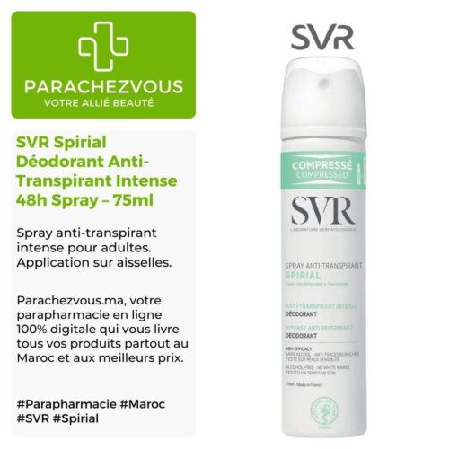 Produit de la marque SVR Spirial Déodorant Anti-Transpirant Intense 48h Spray – 75ml sur un fond blanc, vert et gris avec un logo Parachezvous et celui de la marque SVR ainsi qu'une description qui détail les informations du produit