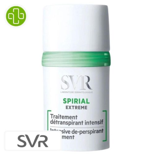 Produit de la marque SVR Spirial Extrême Traitement Détranspirant Intensif – 20ml sur un fond blanc avec un logo Parachezvous et celui de de la marque SVR